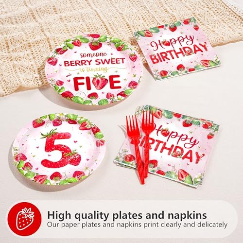 Greencian 96Pcs Strawberry 5th Birthday Party Decorations Serves 24 - Image 3