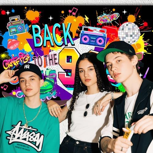 90s Photo Background 12x8 FT Polyester 80s Theme Backdrop Back to The 90s Banner 1990s Party Decorations Kids Adults Portrait Photography Props for Birthday Party Anniversary Event Supplies - Image 2