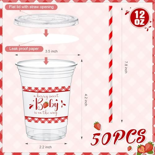 Pickmesh 50 Pcs Strawberry Baby Shower Plastic Cups with Lid Straw, 12 oz - Image 3