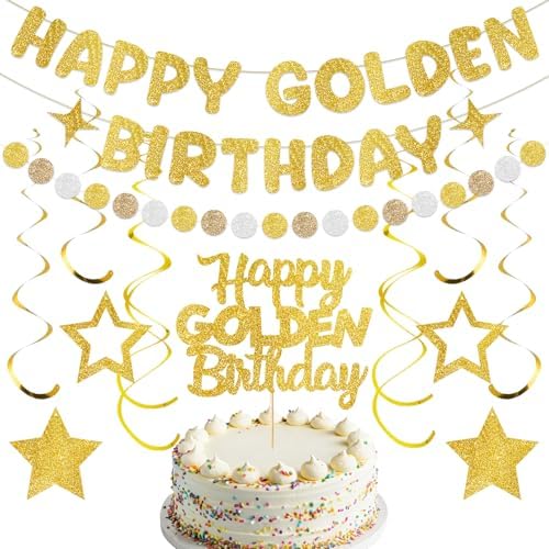 Happy Golden Birthday Party Decorations, Golden Bday Party Kit by YESIYEIK