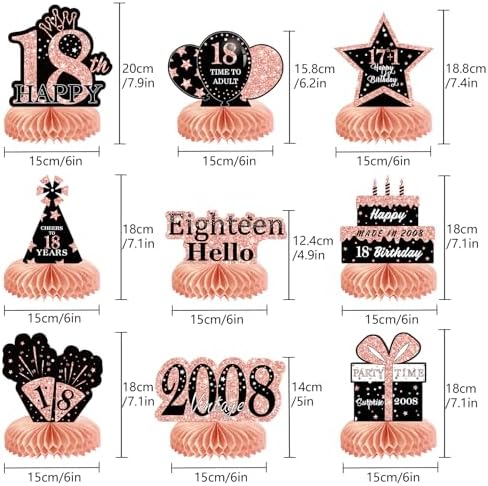 9Pcs Rose Gold Pink 18th Birthday Decorations Honeycomb Centerpieces for Girls,Happy 18th Birthday Centerpieces Tables Toppers Party Decorations Supplies,Vintage 2008 Aged Table Sign Decor - Image 2