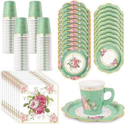 200Pcs Floral Tea Cups and Saucers for Tea Party Supplies, Disposable Tea Cups with Handle and Paper Napkins Dinnerware for Floral Theme Birthday Wedding Bridal Shower Baby Shower(Green) by EggSun