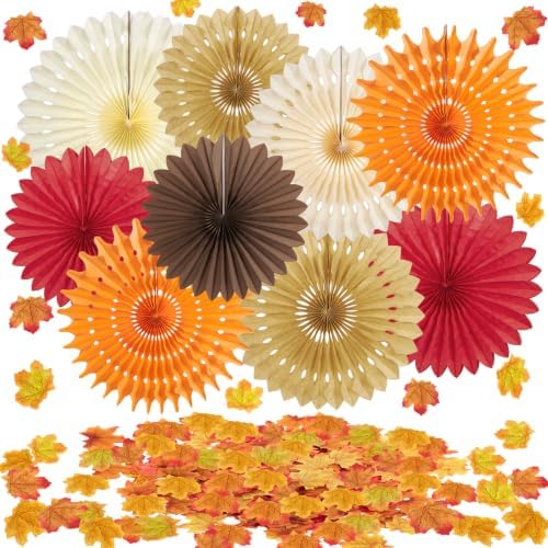 Fall Party Decorations, Orange Hanging Paper Fans, 100 Pcs Artificial Maple Leaves, Fall Leaves Garland, Fall Hanging Decorations, Pumpkin Orange Colors for Thanksgiving, Harvest Home Decor by OBBOLO