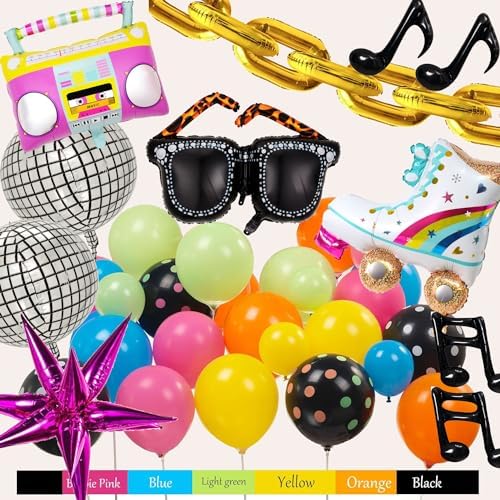 90s 80s Disco Theme Party Decorations, 171Pcs Balloon Arch Kit with Retro Disco Ball Radio Glasses Roller Skate Musical Note Chain Star Foil Balloons for Back to 90s 80s Hip Hop Birthday Supplies - Image 5