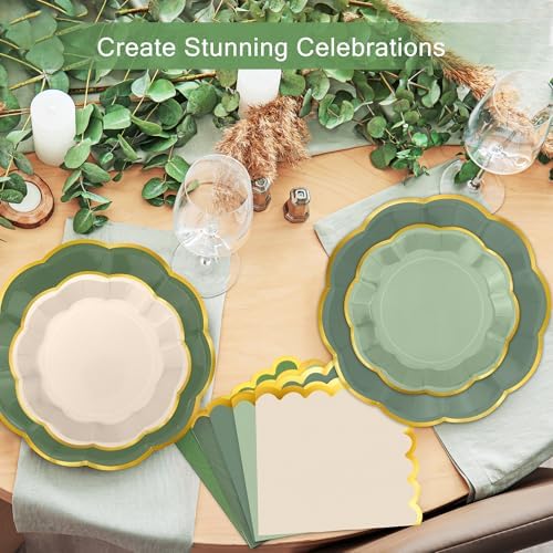 Kochorie 100 Pcs Sage Green Scalloped Paper Plates and Napkins - Image 6