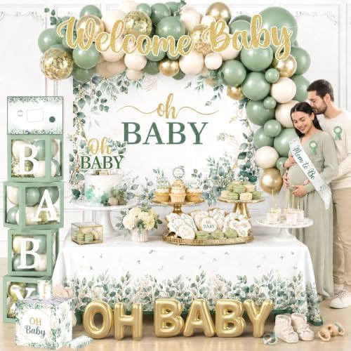 286Pcs Sage Green Baby Shower Decorations Kit, Gender Neutral Party Supplies with Balloon Arch, Backdrop, Plates, Napkins, Sash, Letter Boxes, Tablecloth, Serves 20 - Image 3