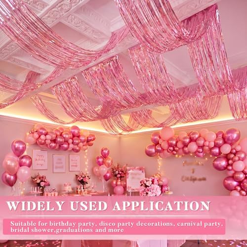 Breling 4 Pcs Pink Ceiling Fringe Curtains, Metallic Foil Drapes, 15 ft - Image 4