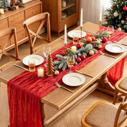 Red Cheesecloth Table Runner, 10FT Rustic Christmas Red Boho Gauze Table Runner for Christmas Wedding Bridal Shower Baby Shower Birthday Tea Party Decorations - Image 3