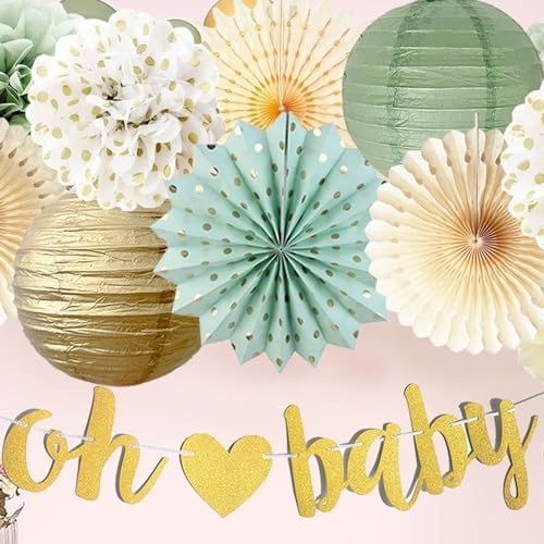 Sage Green Baby Shower Decorations Oh Baby Banner Tissue Paper Pom Poms Flowers Paper Fans Circle Dot Garland Neutral Party Supplies Boy Girl Gender Reveal Birthday Party Decorations - Image 7