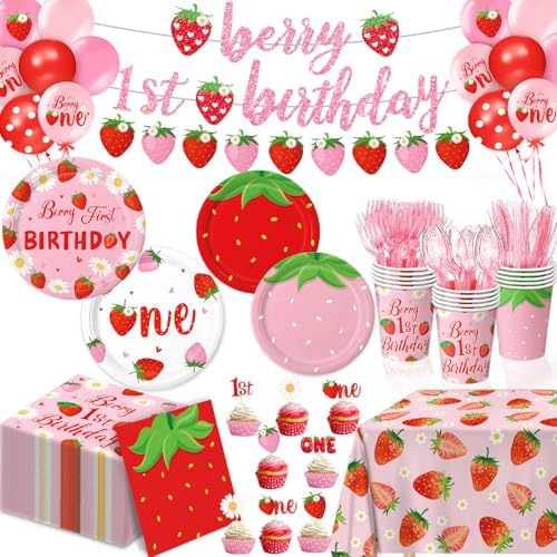 Berry First Birthday Decor Strawberry 1st Birthday Decorations for Plates, Napkins, Cups, Cutlery, Cupcake Toppers, Banner, Tablecloth, Balloons for Girls Strawberry Party Decorations, Serve 20 by LINHAXM