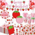 Berry First Birthday Decor Strawberry 1st Birthday Decorations for Plates, Napkins, Cups, Cutlery, Cupcake Toppers, Banner, Tablecloth, Balloons for Girls Strawberry Party Decorations, Serve 20 by LINHAXM