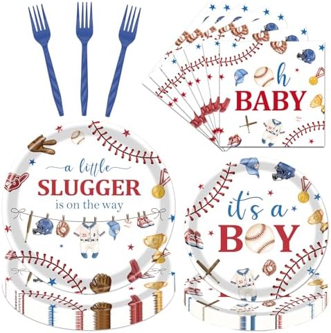 Baseball Baby Shower Decorations - 96 Pcs A Little Slugger is on The Way Baby Shower Plates Napkins Forks Tableware Set, Its A Boy Baseball Dinnerware Set for Boy Serves 24 by Pinglooko