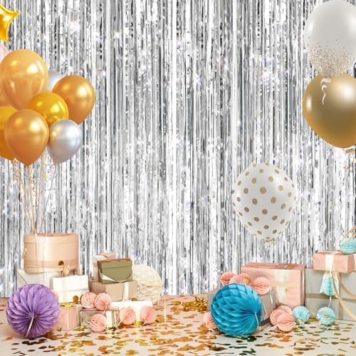 GCB 2Pack Silver Tinsel Backdrop, Metallic Foil Fringe Curtains Party Decor - Image 4