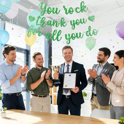 Pre-Strung You Rock Thank You For All You Do Banner - Glitter Employee Appreciation Decorations, Staff Teacher Nurse Recognition Party Supplies, Retirement Office Decor Sign, Large Cardstock Garland (Green) - Image 5