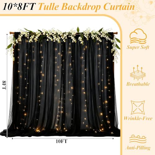 Ledido 10×8ft Black Tulle Backdrop Curtains with Lights(6 Panels 5×8ft) - Image 2