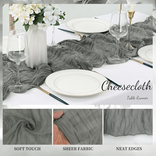 20 Pack Gray 10FT Cheesecloth Table Runner Rustic Gauze Fabric Cheese Cloth Table Runner for Wedding Bridal Baby Shower Table Decor 20 x 120 Inch Long Boho Sheer Birthday Party Table Decorations - Image 3