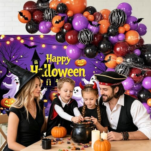 152Pcs Halloween Balloons Arch Kit with Halloween Backdrop and 3D Bat, Orange Black Purple Burgundy Balloons Garland Arch Kit for Spooky One Costume Halloween Birthday Party Decorations - Image 5