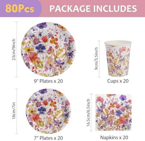 80 PCS Floral Paper Plates, Floral Wildflower Paper Plates and Napkins Party Supplies for Birthday Bridal Shower Picnic Tea Time, Serve for 20 Guests - Image 3
