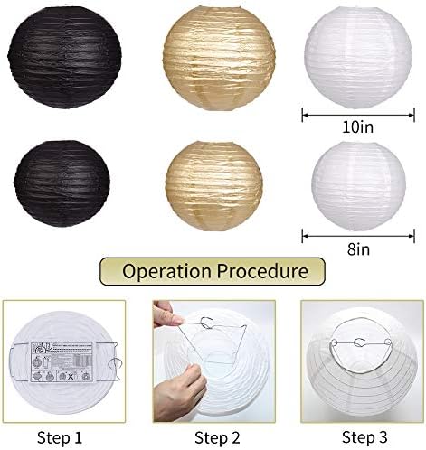 Paper Lanterns Paper Pom Poms Black and Gold Party Decorations 15pcs - Image 3