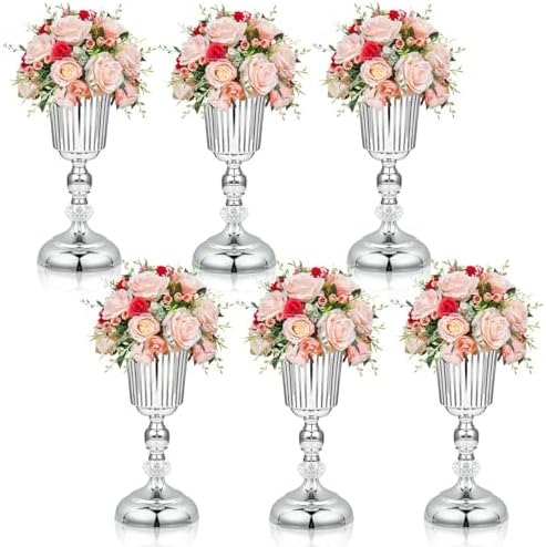 11.6 inches Metal Wedding Flower Trumpet Stripe Vases Table Centerpieces for Artificial Flower,Arrangements Anniversary Celebration/Wedding/Party/Birthday Event Aisle Home Decor (Silver, 6pcs) by KOLNLALA