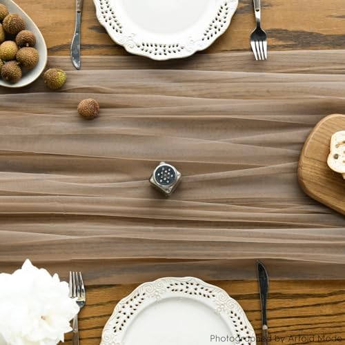 Artoid Mode 3PCS Coffee Gauze Table Runner 120 Inch 10FT, Seasonal Sheer Kitchen Dining Holiday Wedding Birthday Baby Shower Table Decor for Home Party - Image 2