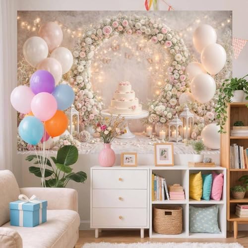 9X6ft Pink White Floral Backdrop Boho Arch Scene Birthday Balloons Photography Background Romantic Wedding Bridal Shower Kids Birthday Baby Shower Party Portrait Cake Photo Booth Studio Props - Image 3