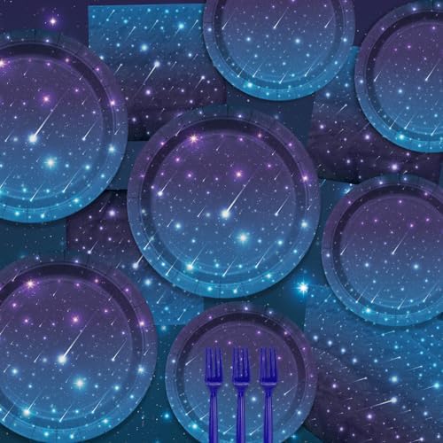 Outer Space Party Supplies for 20 Guests, Disposable Tableware Set Includes Starry Night Paper Plates, Napkins, Forks, Tablecloth for Kids Space Galaxy Theme Birthday Decorations - Image 3
