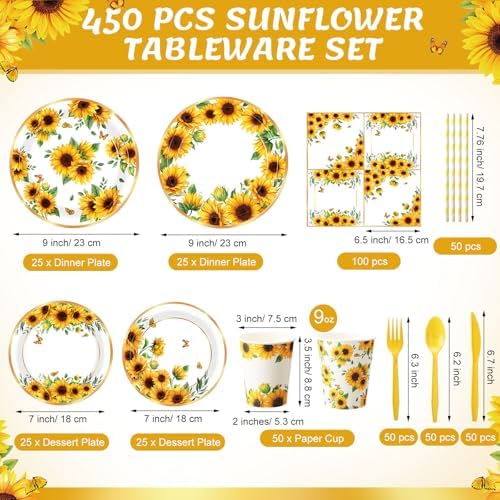 450 Pcs Sunflower Birthday Tableware Set, Serve 50, Yellow - Image 2