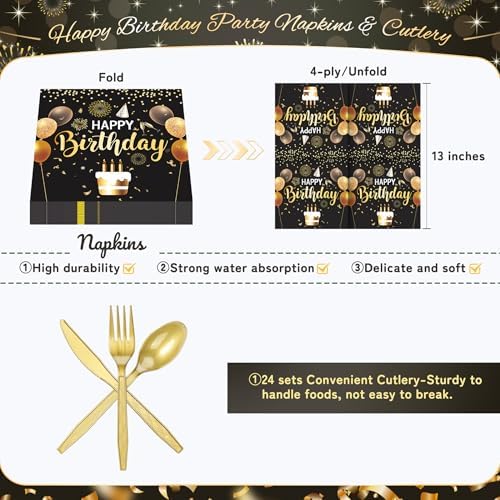 Black and Gold Happy Birthday Party Plates, 168PCS Birthday Party Supplies - Image 4