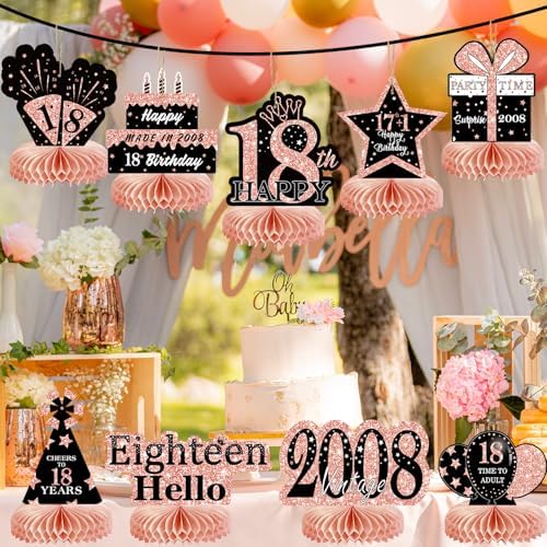 9Pcs Rose Gold Pink 18th Birthday Decorations Honeycomb Centerpieces for Girls,Happy 18th Birthday Centerpieces Tables Toppers Party Decorations Supplies,Vintage 2008 Aged Table Sign Decor - Image 5