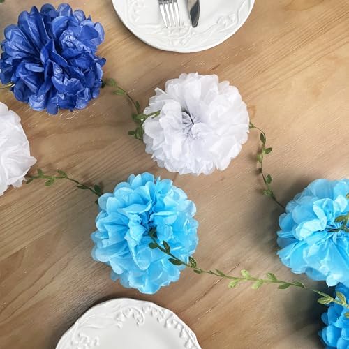 Blue White Party Decorations Ombre Blue Tissue Paper Flowers Pom Pom with Leaf Ribbon Hanging Garland Streamer for Birthday Wedding Shower Under The Sea Nautical Ahoy Achor Party Supplies - Image 6