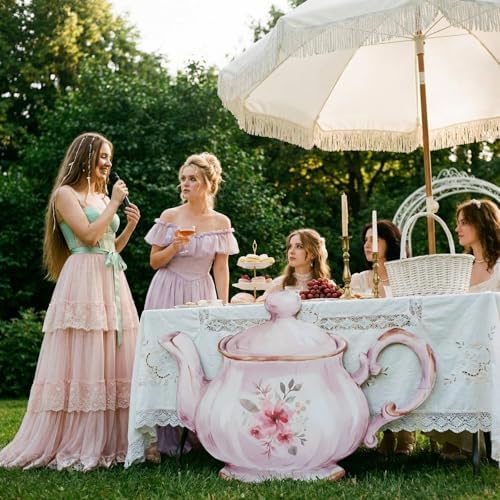Colingmill Tea Party Decorations Teapot Cardboard Cutout 35.4 x 24.6 Inch Pink Floral Tea Party Baby Shower Let's Partea Photography Background for Women Birthday Bridal Decorations - Image 3
