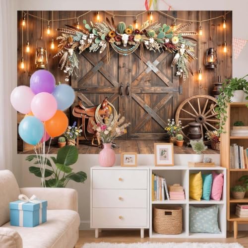 Western Cowboy Rustic Wooden Barn Door Backdrop, Wild West Cow Skull Cactus Vintage Farmhouse Photography Background for Rodeo Birthday Party Photo Booth Studio Portrait Props 10X8 FT - Image 7