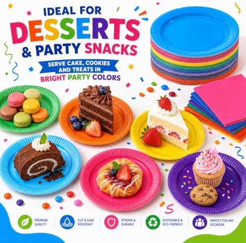 100 Pcs 7 & 9 Inch Colorful Paper Plates and Solid Printed Napkins - Image 2