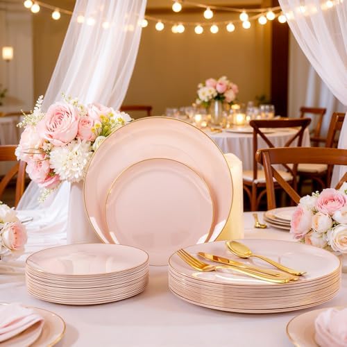YOUBET 125PCS Pink Plastic Plates with Gold Rim for Party Wedding Birthday - Image 2