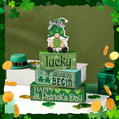Moucuny 4 Pcs St. Patrick's Day Wood Signs Gnome Tiered Tray Table Decor - Image 6