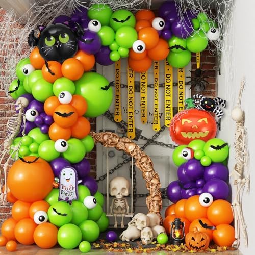 Halloween Balloon Arch Garland Kit, Dark Purple Bright Light Lime Green Orange White Eyeball Balloons with 3D Bat Pumpkin Spider Ghost Foil Balloon for Halloween Spooky Indoor Outdoor Party Decoration by Froova