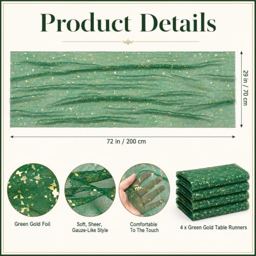 4Pcs Green Gold Table Runner, 29 x 72 in Sheer Gauze Table Decor - Image 2