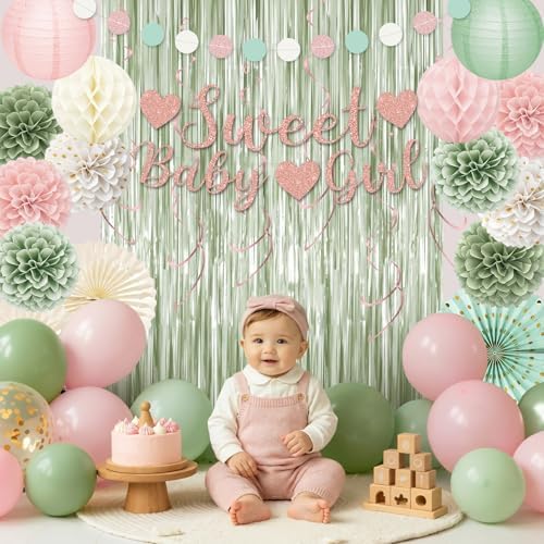 Sage Green and Pink Baby Shower Decorations with Banner Fringe Curtains - Image 5