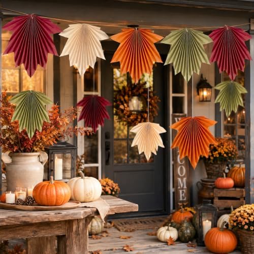 Whaline 12 Pcs Fall Party Fan Decorations Maple Leaves Hanging Paper Fans Autumn Color Hanging Ornament for Thanksgiving Birthday Baby Shower Holiday Party Supplies - Image 4
