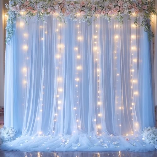 Blue Tulle Backdrop Curtains with Lights String for Parites Baby Shower 20×8ft Blue Sheer Backdrop Curtains Drapes for Bridal Shower Birthday Party Photo Shoot Background Decorations(4 Panels 5×8ft) - Image 2