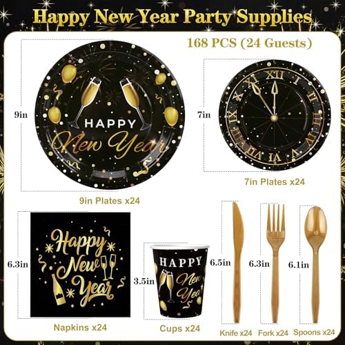 168pcs Happy New Year Party Supplies, Black and Gold Paper Plates Napkins Cups and Gold Cutlery for 24 Guests, 2026 New Year Disposable Tableware Supplies for Party Decorations - Image 2