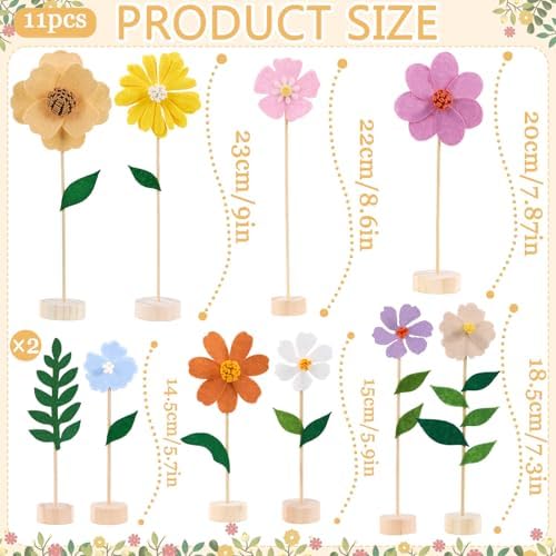 11Pcs Wildflower Party Decorations with Wooden Base, Felt Flowers - Image 2