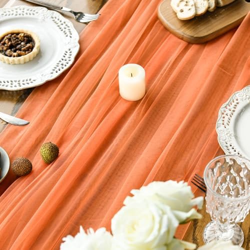 Artoid Mode Orange Gauze Table Runner 120 Inch 10FT, Seasonal Sheer Kitchen Dining Holiday Wedding Birthday Baby Shower Table Decor for Home Party - Image 6