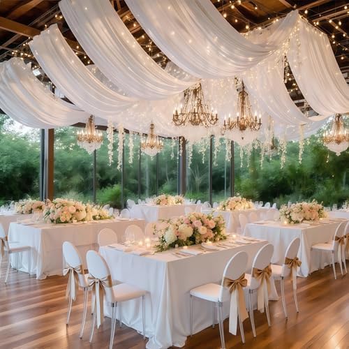 6 Panels White Ceiling Curtains with Lights for Weddings - 5ftx20ft Wrinkle-Free Tulle Fabric Wedding Arch Draping Ceiling Drapes Decorations for Wedding Party Ceremony Stage Tent Event - Image 5