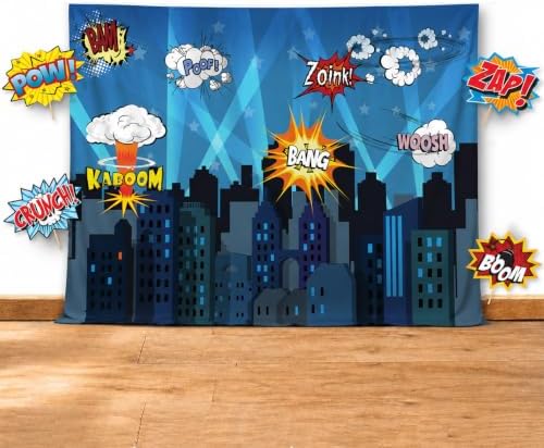 Superheroes Theme Party Photography Backdrop with Props. Super Hero Cityscape Photo Booth Background for Kids Party, Birthday Wall Decorations by GlitteryGarden