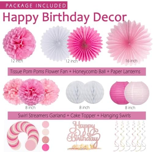 Pink White Birthday Decorations Women Girls, Happy Banner, Paper Lanterns Honeycomb, Tissue Flowers Pom Poms Fan, Light Pink Latex Balloon Pink Confetti Balloons for Birthday Party Décor - Image 3