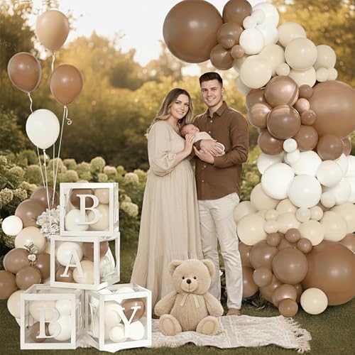 140Pcs Coffee Brown Baby Shower Decorations - Neutral Balloon Arch Garland Kit with 4 Baby Boxes - Mocha Beige Sand Nude Balloons for Teddy Bear Theme, A Baby Is Brewing, Gender Reveal Party - Image 5
