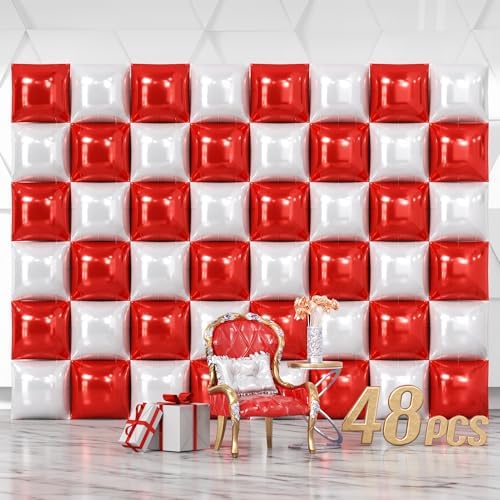 NISOCY 48PCS Red and White Square Foil Balloons Wall Backdrop by NISOCY