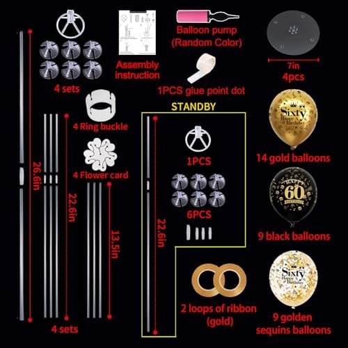 TONIFUL 4 Set Black Gold 60 Printed Balloon Stands for 60th Birthday Decor - Image 2